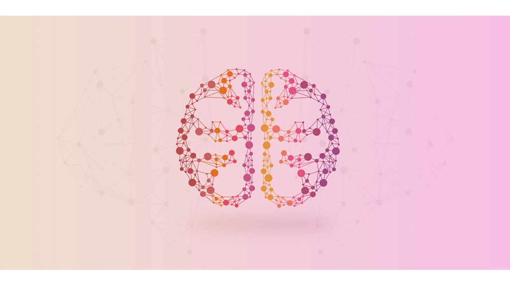 An illustration of a brain, made up of colourful circular shapes and lines.