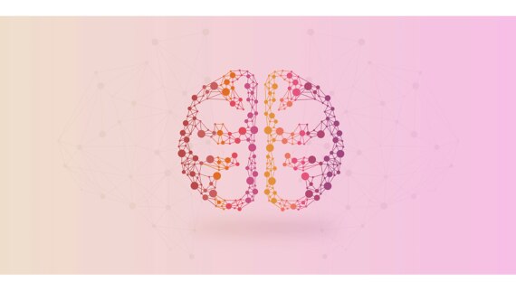 An illustration of a brain, made up of colourful circular shapes and lines.