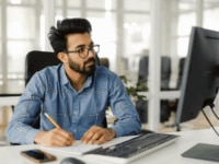 A busy male employee making notes on candidates during the screening process