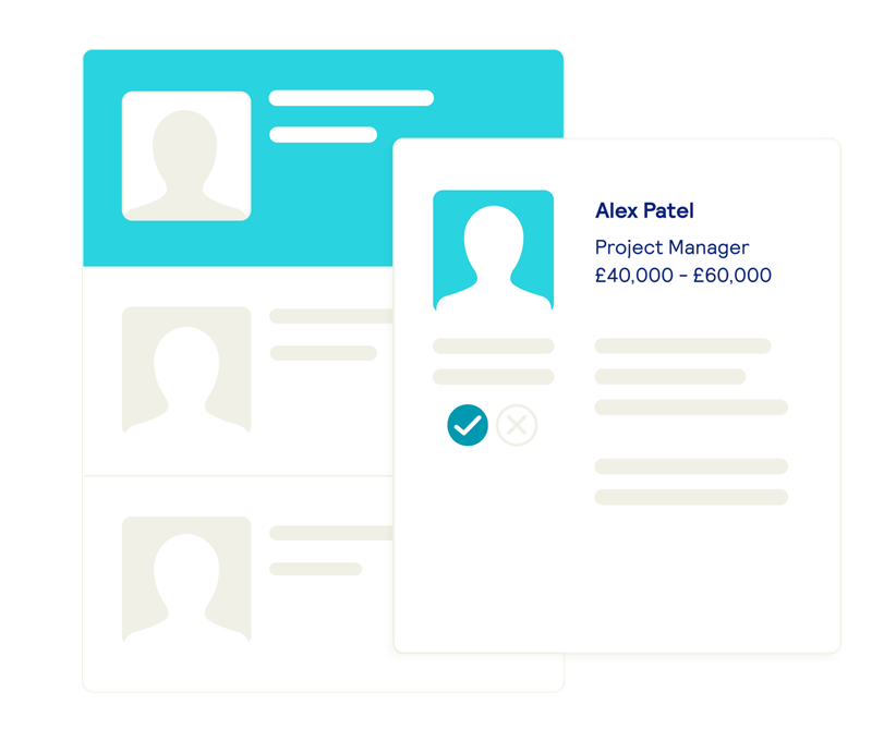 Illustration of an online candidate profile showing a shortlist interface, with Alex Patel, Project Manager, salary range £40,000–£60,000, and tick or cross icons to indicate selection